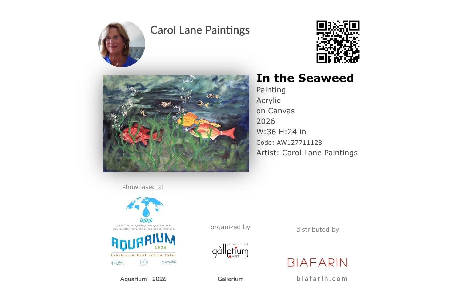 Artistonish July 2026 publication certificate featuring Carol Lane's painting In the Seaweed