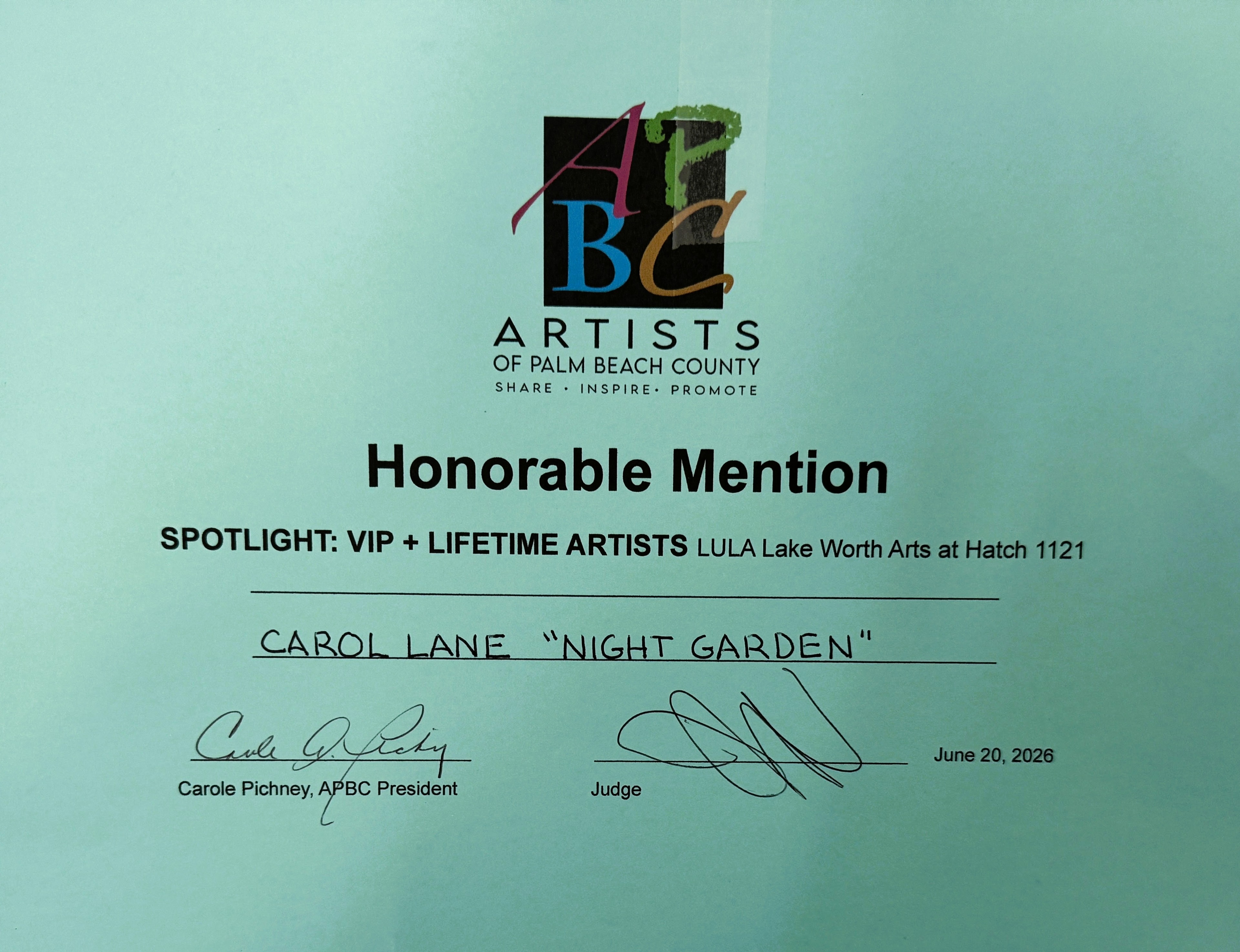 Honorable Mention certificate for Carol Lane's painting Night Garden in the Hatch Gallery VIP and Lifetime Artists Show