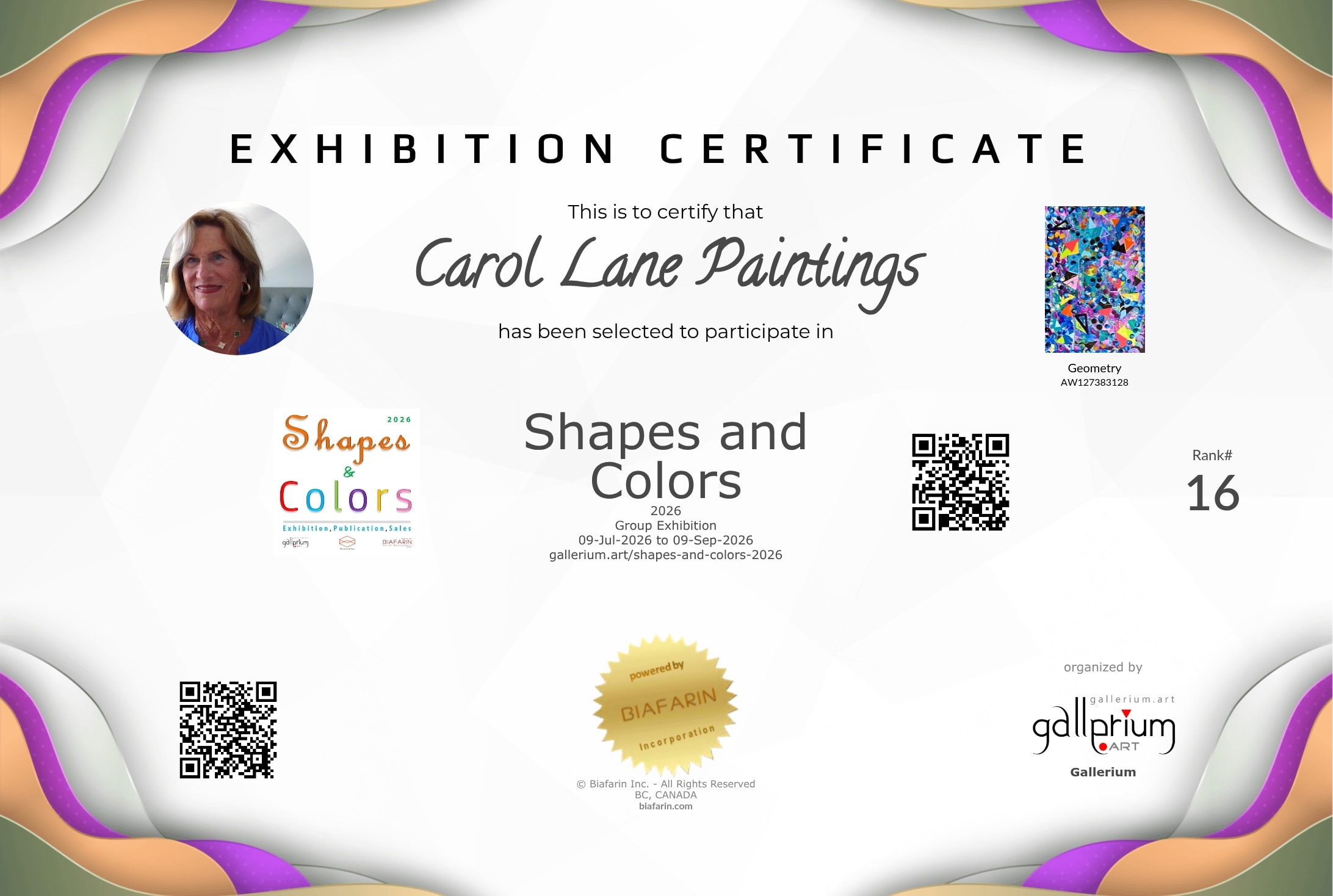Gallerium Art certificate for Carol Lane Paintings selected for the 2026 Shapes and Colors Group Exhibition